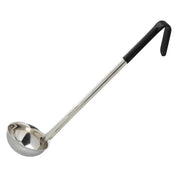 A stainless steel ladle with a deep, round bowl and a long handle features a black vinyl handle grip and an angled hook for hanging. The ladle is shown against a plain white background.