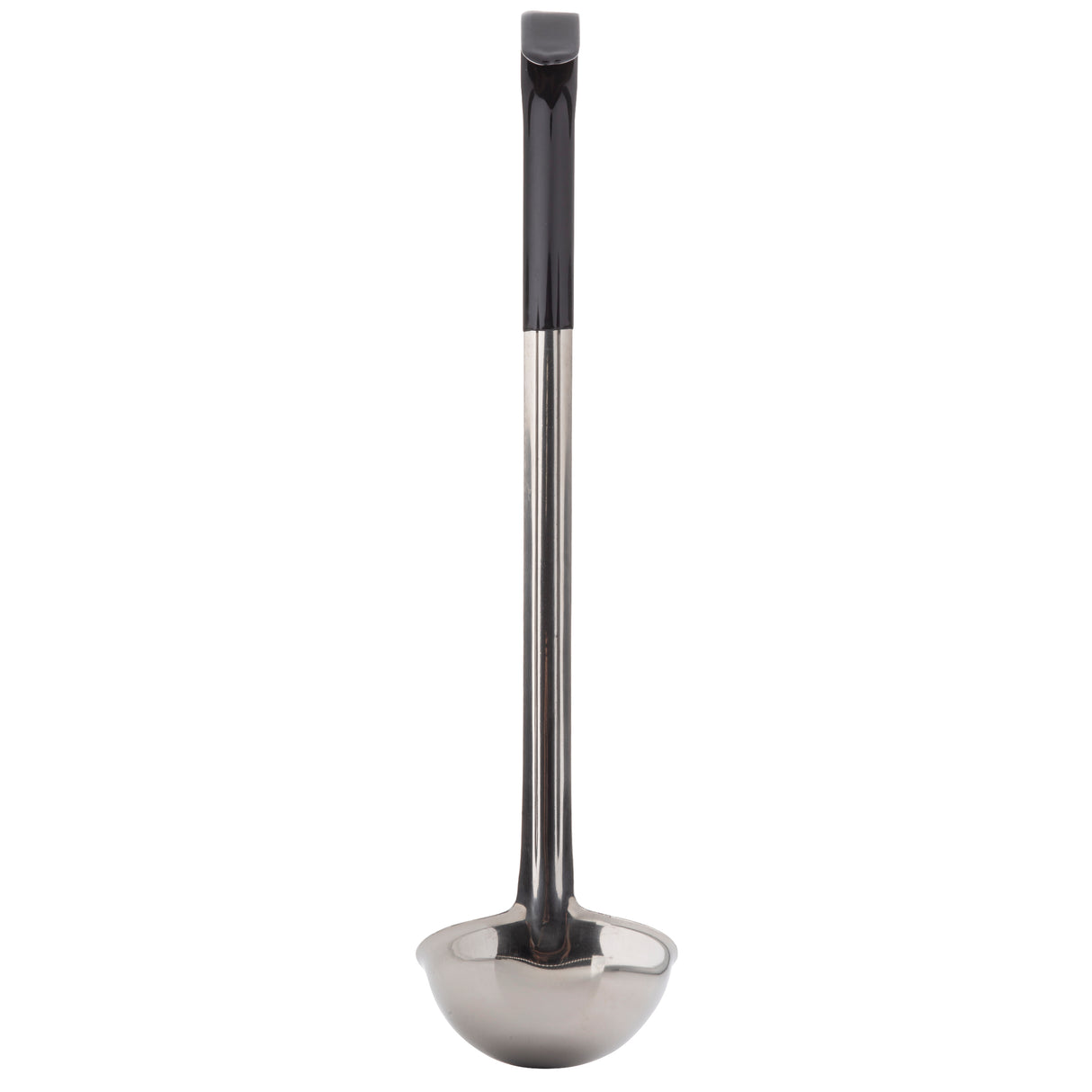 A stainless steel ladle with a shiny bowl and a long, straight black vinyl handle is shown upright against a plain white background.
