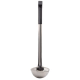 A stainless steel ladle with a shiny bowl and a long, straight black vinyl handle is shown upright against a plain white background.