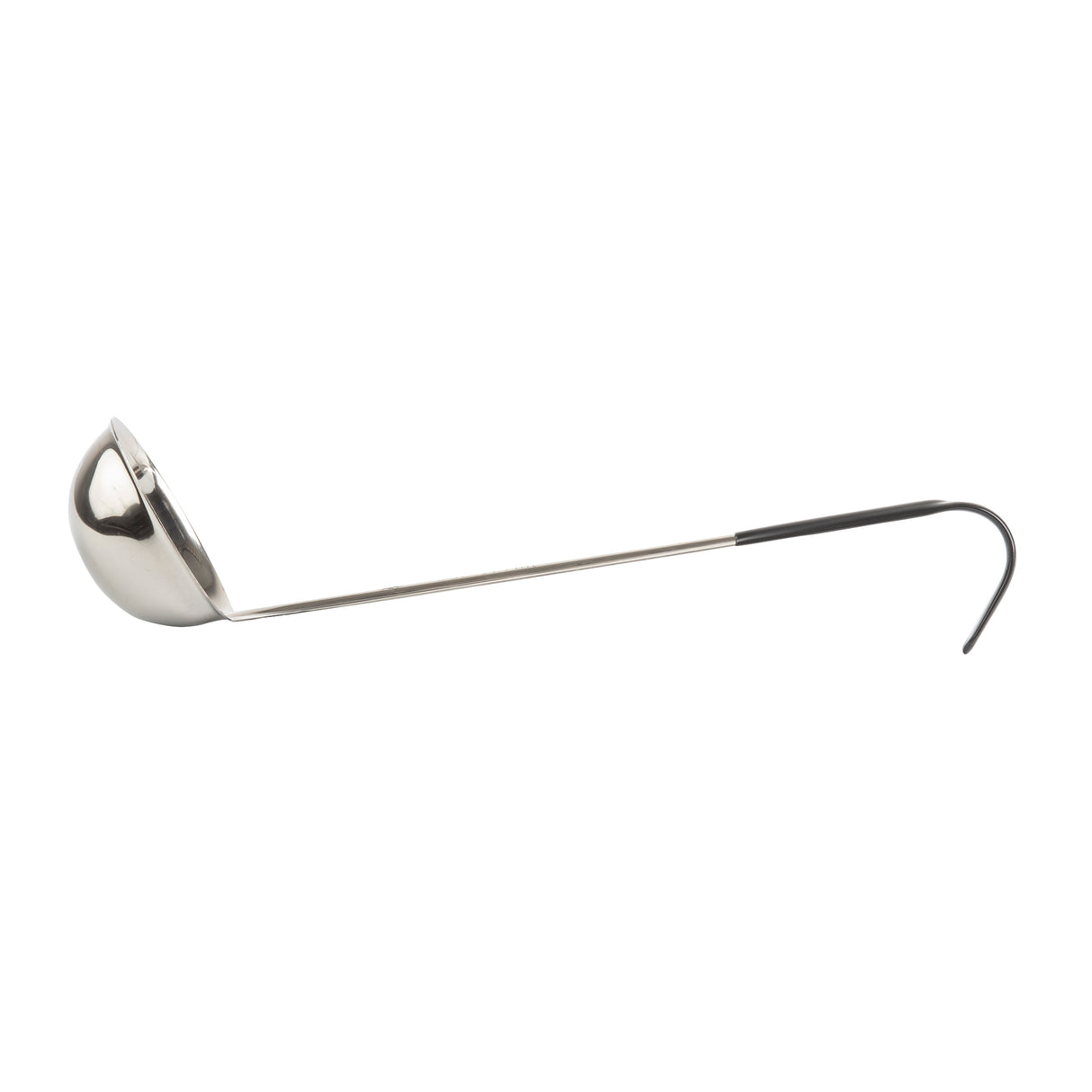 A stainless steel ladle with a deep, round bowl and a long, straight black vinyl handle ending in a hook for hanging. The image is set against a plain white background.