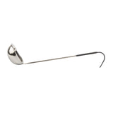 A stainless steel ladle with a deep, round bowl and a long, straight black vinyl handle ending in a hook for hanging. The image is set against a plain white background.