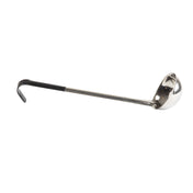 A shiny stainless steel ladle with a deep, round bowl and a long black vinyl handle. The end of the handle is slightly curved upward for easy gripping or hanging. The ladle is isolated on a white background.