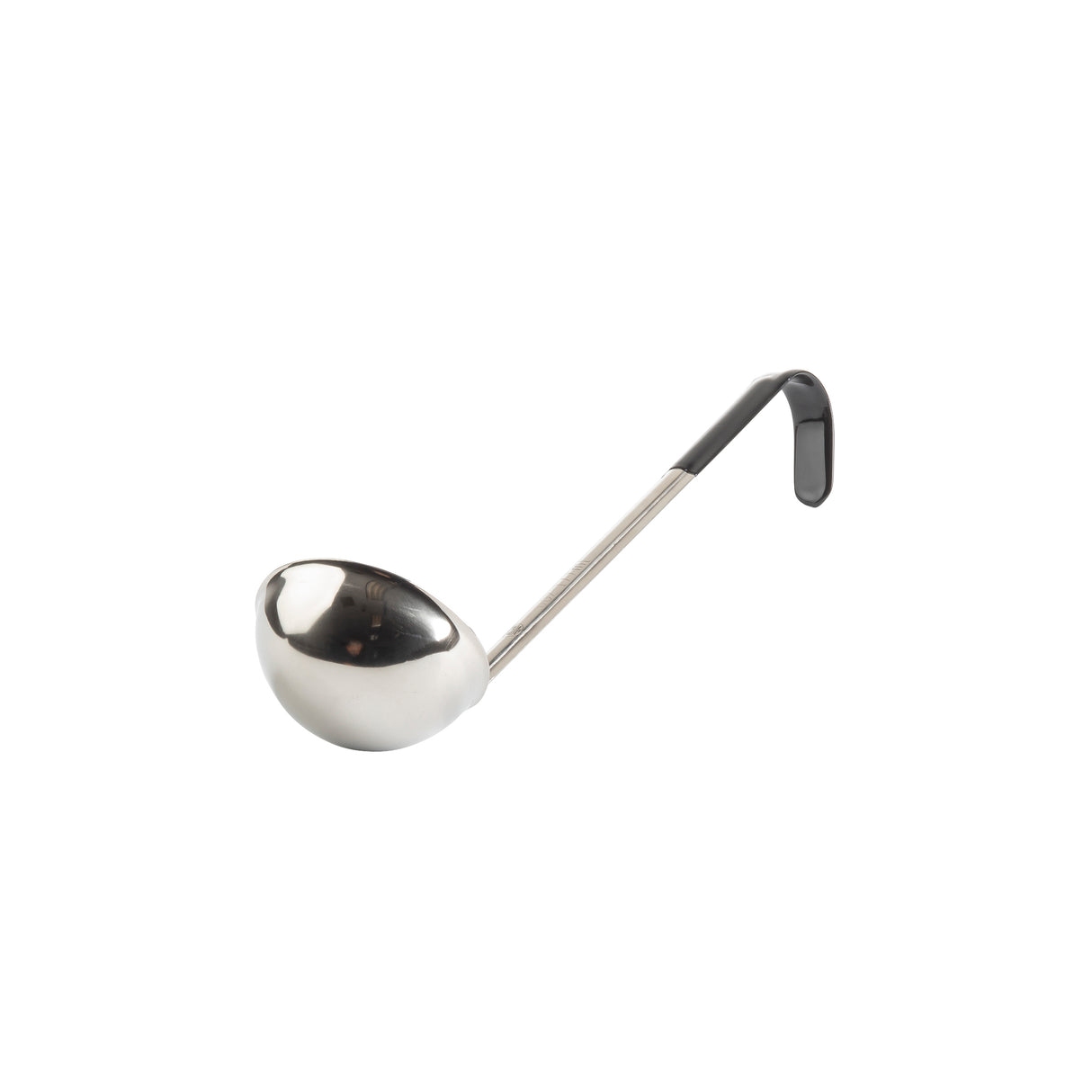 A stainless steel ladle with a deep, round bowl and a long black vinyl handle featuring a hook-shaped end for hanging. Photographed on a white background, the ladle is angled diagonally from bottom left to top right.