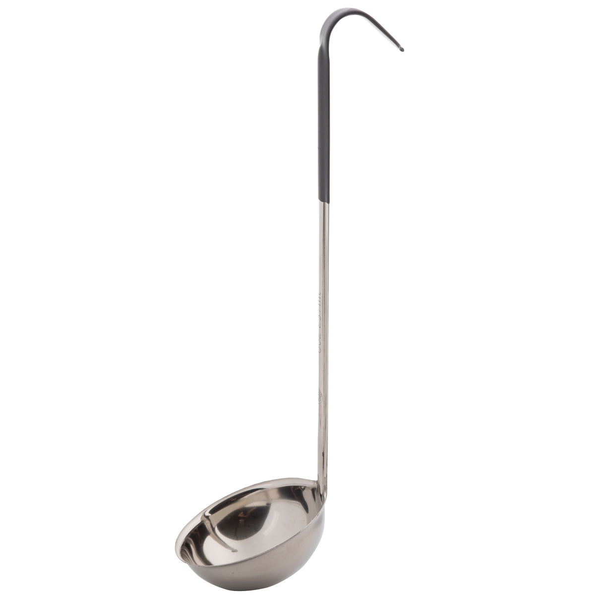 A stainless steel ladle with a deep, round bowl features a long, black vinyl handle for a secure grip. The handle ends in a curved hook for hanging. The ladle is displayed against a plain white background.