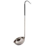 A stainless steel ladle with a deep, round bowl features a long, black vinyl handle for a secure grip. The handle ends in a curved hook for hanging. The ladle is displayed against a plain white background.