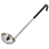 A stainless steel ladle with a deep, round bowl and a long black vinyl handle featuring a hooked end for hanging. Ideal for serving soups, stews, or liquids, the ladle is displayed on a plain white background.