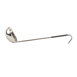 A stainless steel ladle with a deep, rounded bowl features a long, straight handle ending in a hook for hanging. The handle includes a black vinyl handle for a non-slip grip. The ladle is positioned horizontally on a white background.