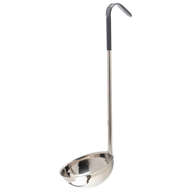 A stainless steel ladle with a deep, round bowl and a long, straight black vinyl handle. The handle is bent near the top to hang easily on a pot or hook. The ladle is displayed against a white background.