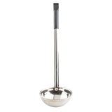 A stainless steel ladle with a deep, round bowl and a long handle featuring a black vinyl handle, photographed against a plain white background.