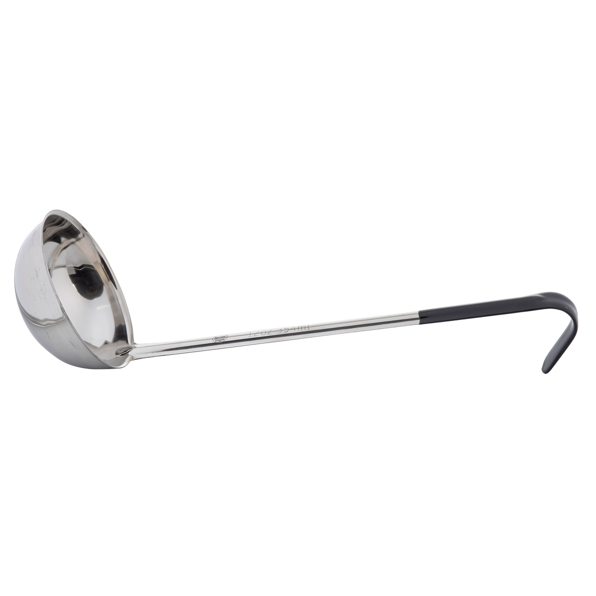A stainless steel ladle with a deep, round bowl and a long, straight metallic handle featuring a black vinyl handle and curved hook, shown on a white background—perfect for hanging and serving soups or liquids.