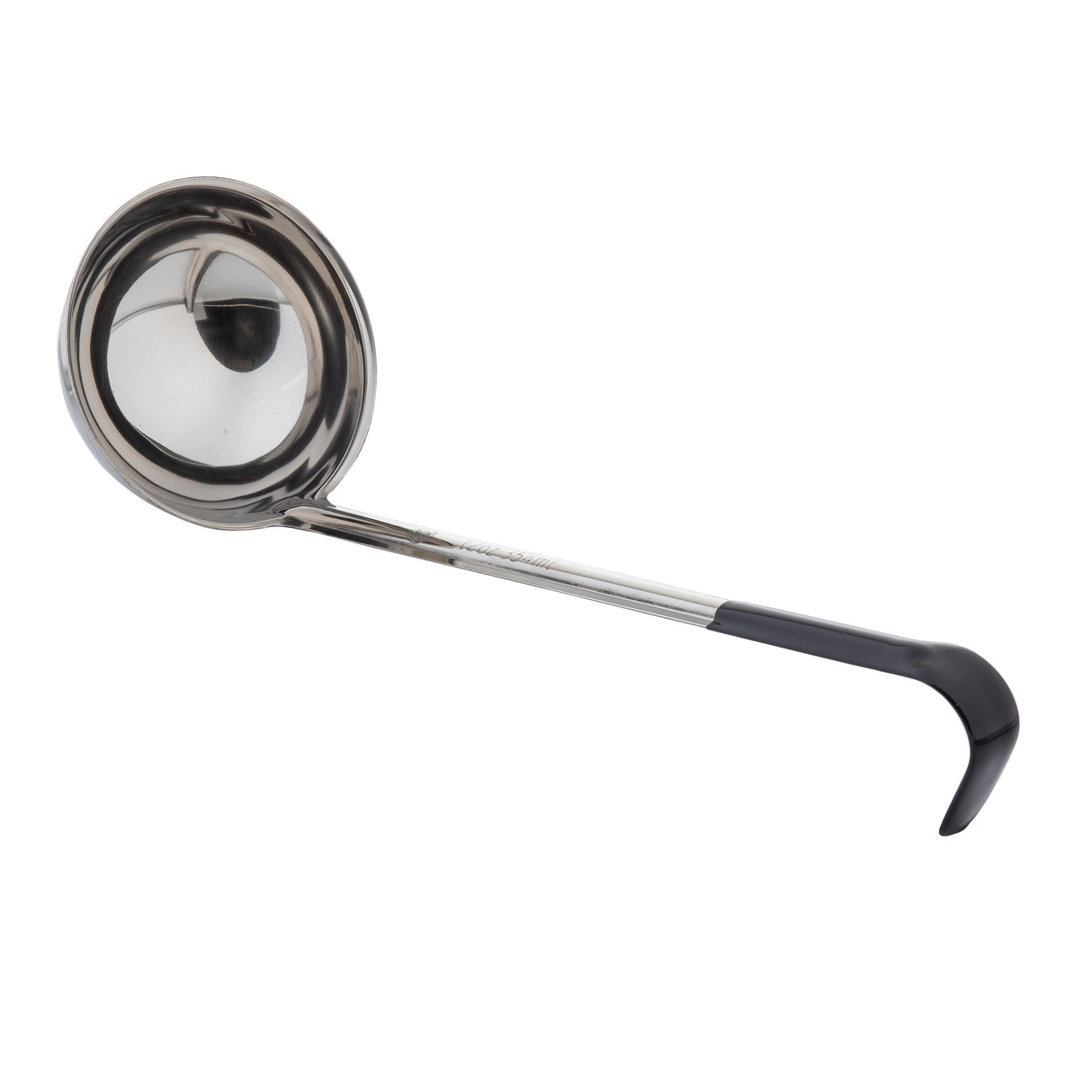 A stainless steel ladle with a deep, round bowl and a long black vinyl handle. The handle features a curved, slightly hooked end for easy hanging. The ladle is displayed against a plain white background.
