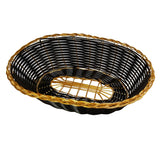 An empty, oval-shaped hand-woven basket, black with gold trim. It features a gold rim and base, an open grid pattern at the bottom center, and tightly interwoven sides in elegant black material.