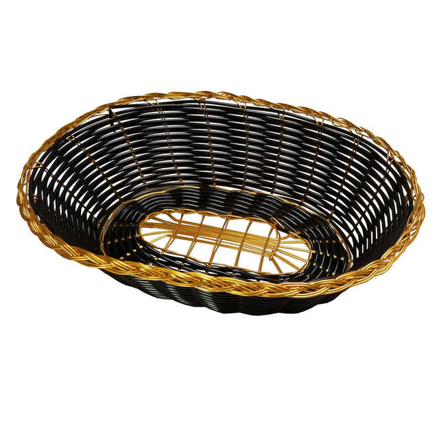 An empty, oval-shaped hand-woven basket, black with gold trim. It features a gold rim and base, an open grid pattern at the bottom center, and tightly interwoven sides in elegant black material.