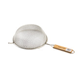 A metal mesh strainer with a round, double medium mesh basket, a metal rim, and a wooden handle labeled Made in India. The strainer is upside down on a white background, with a small barcode sticker attached to the handle.
