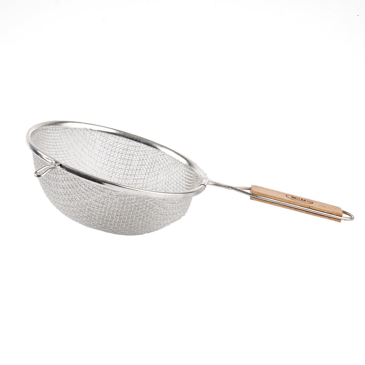 A metal mesh strainer with double medium mesh and a round bowl, featuring a long wooden handle and a small metal hook for resting on a bowl or pot, shown on a plain white background.