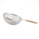 A metal mesh strainer with double medium mesh and a round bowl, featuring a long wooden handle and a small metal hook for resting on a bowl or pot, shown on a plain white background.