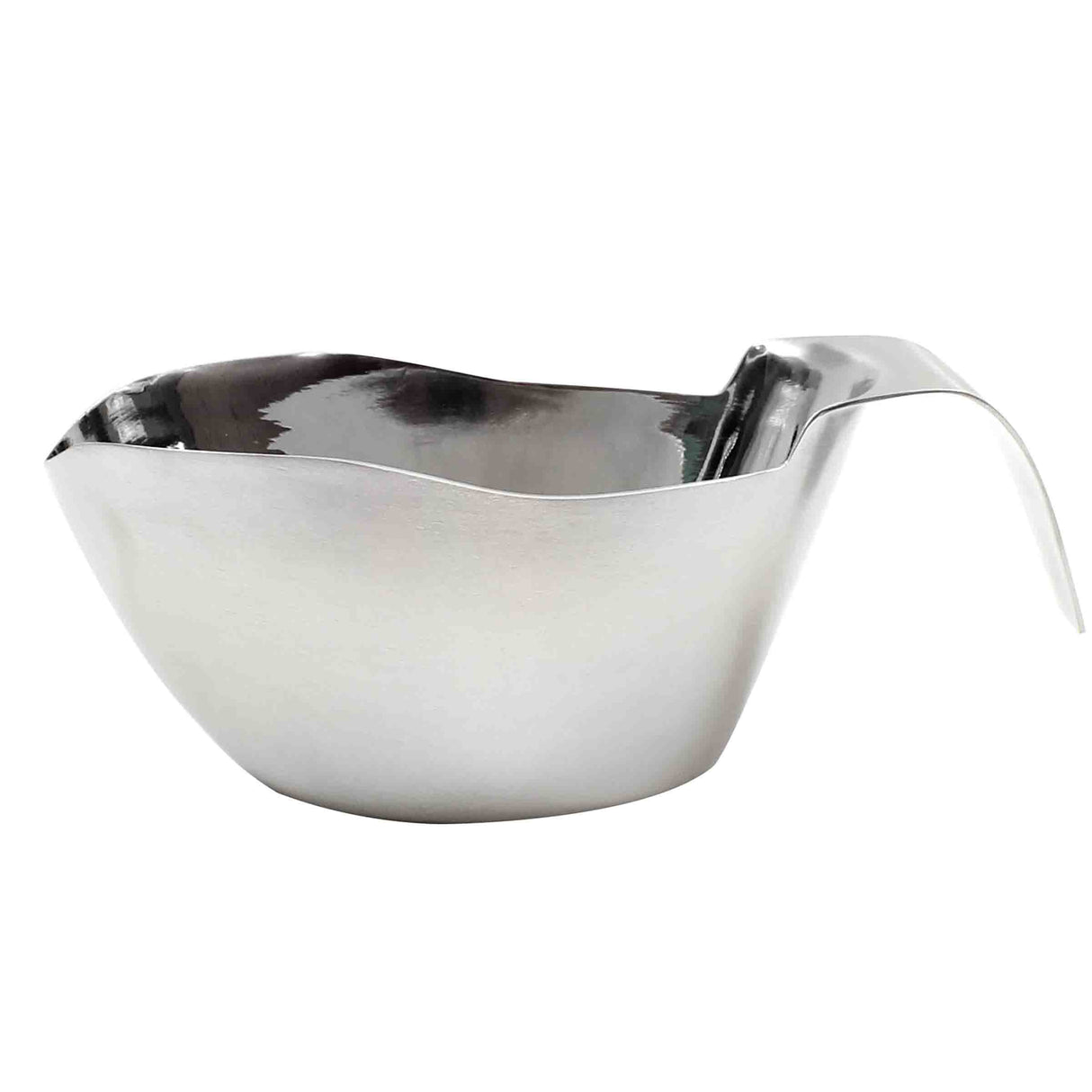 A shiny, modern stainless steel gravy boat with a wide, slightly asymmetrical rim and an integrated, flat handle that curves upward. The surface reflects light, emphasizing its smooth, polished finish. This gravy boat is also dishwasher safe.