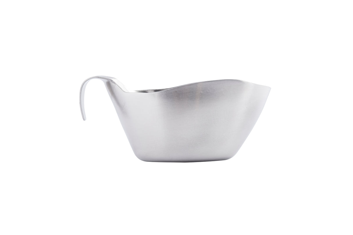 A stainless steel gravy boat with a smooth, matte finish. Dishwasher safe, it features a curved, wide spout and a single handle on the left side. Set against a plain white background, its simple, modern design stands out.