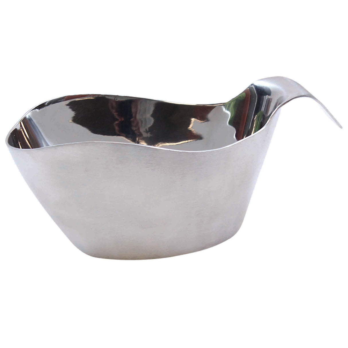 A shiny, 12 oz stainless steel gravy boat with a modern, minimalist design. It features smooth, curved sides, a wide open top, and a long, gently upward-curved handle. Its polished surface reflects light for a sleek appearance.