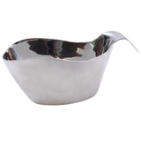 A shiny, 12 oz stainless steel gravy boat with a modern, minimalist design. It features smooth, curved sides, a wide open top, and a long, gently upward-curved handle. Its polished surface reflects light for a sleek appearance.