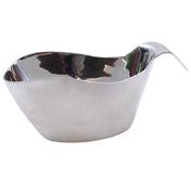 A shiny, 12 oz stainless steel gravy boat with a modern, minimalist design. It features smooth, curved sides, a wide open top, and a long, gently upward-curved handle. Its polished surface reflects light for a sleek appearance.