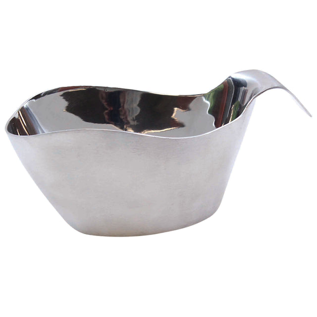 A shiny, 12 oz stainless steel gravy boat with a modern, minimalist design. It features smooth, curved sides, a wide open top, and a long, gently upward-curved handle. Its polished surface reflects light for a sleek appearance.