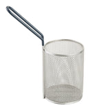 A cylindrical stainless steel pasta basket with a long, dark-colored handle extends from the side. The empty basket is designed for deep frying or draining food and is dishwasher safe. The image is set against a white background.