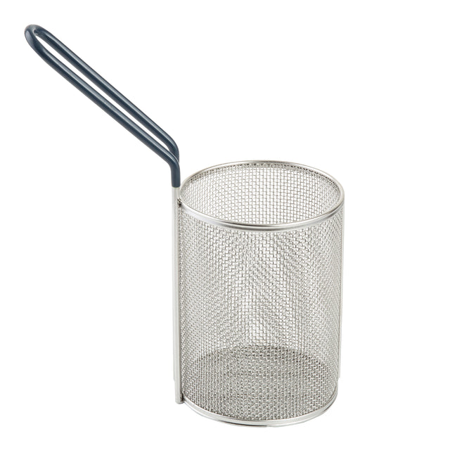 A cylindrical stainless steel pasta basket with a long, dark-colored handle extends from the side. The empty basket is designed for deep frying or draining food and is dishwasher safe. The image is set against a white background.
