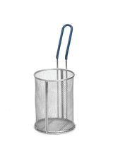 A stainless steel pasta basket with a flat base, vertical sides, and a long metal handle coated in blue plastic. The handle extends upward and curves into a loop. Dishwasher safe; shown on a plain white background.