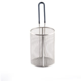 A cylindrical stainless steel wire mesh pasta basket with a metal frame and a long black handle, isolated on a white background. The basket is dishwasher safe, designed for draining or deep frying foods with fine mesh sides and a solid circular base.