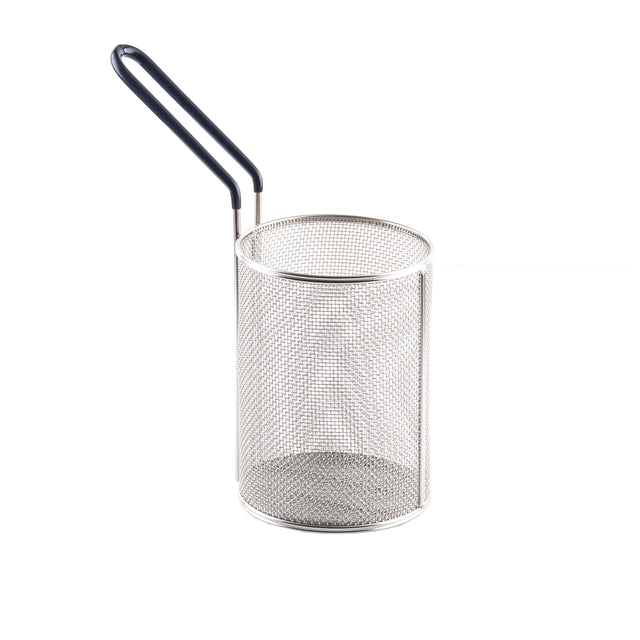 A cylindrical stainless steel mesh basket with a fine grid and a long, black, heat-resistant handle, set against a white background. This empty pasta basket is designed for frying or draining foods and is conveniently dishwasher safe.
