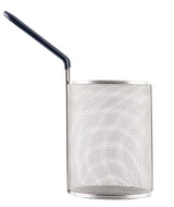 A cylindrical stainless steel pasta basket with fine mesh sides and a black handle extending diagonally upward. Commonly used for deep frying or draining food, it’s dishwasher safe. The background is plain white.