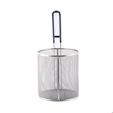 A cylindrical stainless steel mesh pasta basket with a long, black plastic handle. Standing upright on a white background, it's commonly used for deep frying or draining foods and is dishwasher safe for easy cleaning.