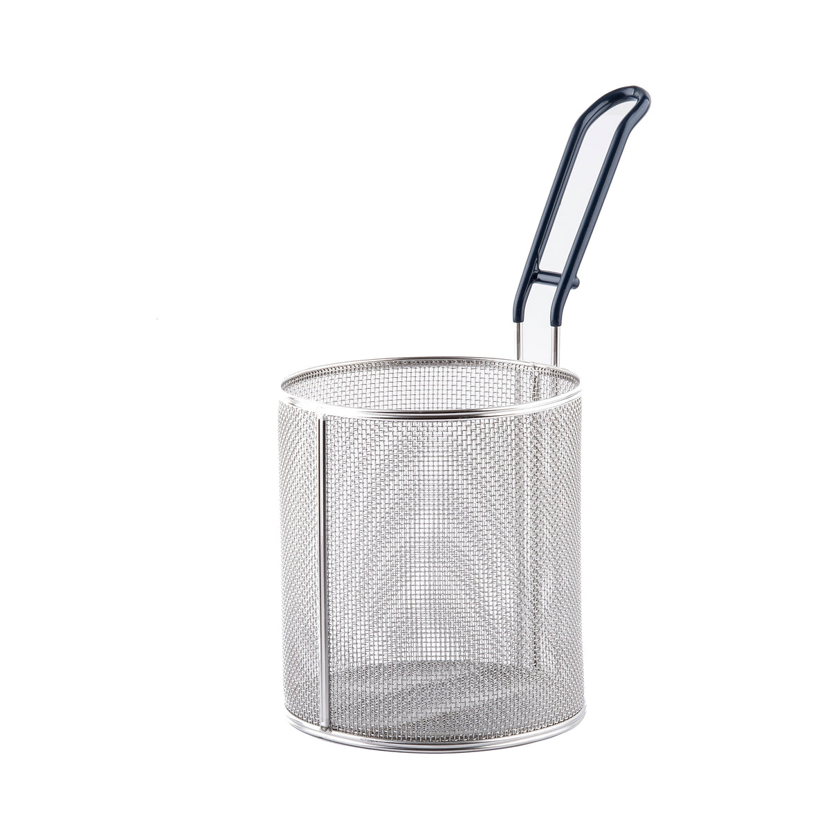 A cylindrical stainless steel mesh pasta basket with a flat base and a long, black handle attached at the top side. The mesh design allows for drainage, and the handle is angled upward—ideal for deep frying or boiling food. Background is white.