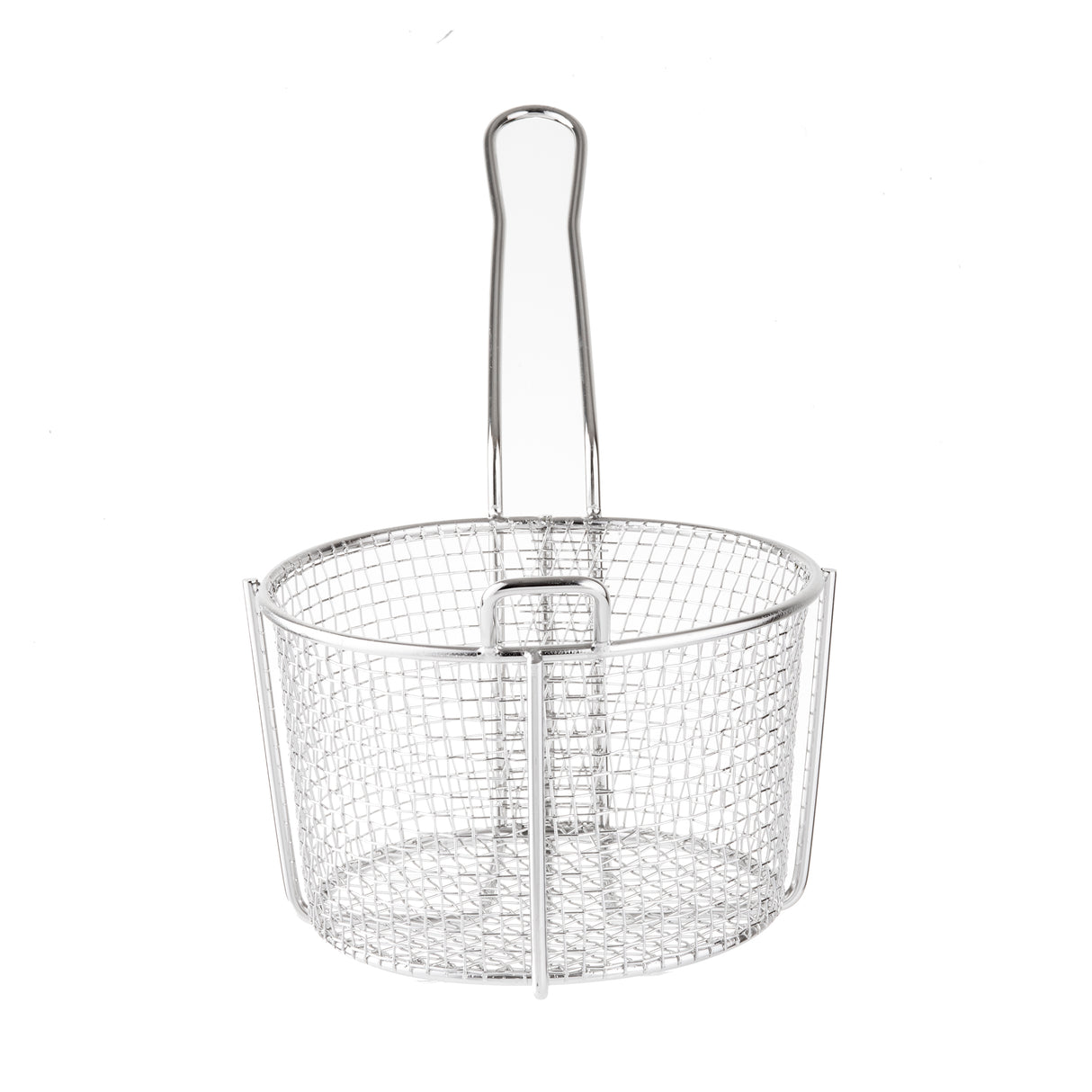A round, stainless steel cooking basket with a long handle. The mesh design allows contents to drain, making it ideal for frying or deep frying food. The simple handle curves at the end for grip, and the basket is dishwasher safe for easy cleaning.