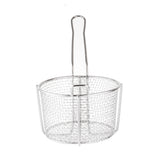 A round, stainless steel cooking basket with a long handle. The mesh design allows contents to drain, making it ideal for frying or deep frying food. The simple handle curves at the end for grip, and the basket is dishwasher safe for easy cleaning.
