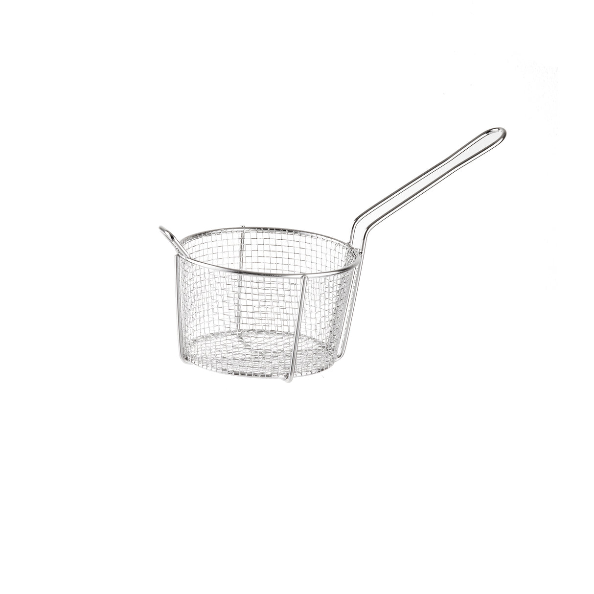 A small, round, stainless steel wire mesh cooking basket with a long handle. Designed for frying or straining food, its mesh allows easy draining of liquids. The plain white background highlights the basket’s structure.