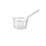 A small, round, stainless steel wire mesh cooking basket with a long handle. Designed for frying or straining food, its mesh allows easy draining of liquids. The plain white background highlights the basket’s structure.