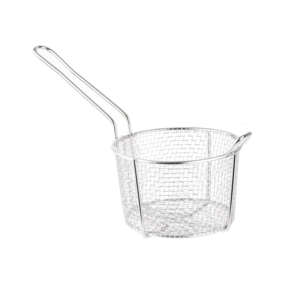 A round, stainless steel wire mesh cooking basket with a long handle and two small side hooks. The basket sits on a white background and is used for deep frying or draining food. It is also dishwasher safe for easy cleaning.
