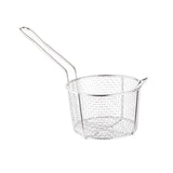 A round, stainless steel wire mesh cooking basket with a long handle and two small side hooks. The basket sits on a white background and is used for deep frying or draining food. It is also dishwasher safe for easy cleaning.