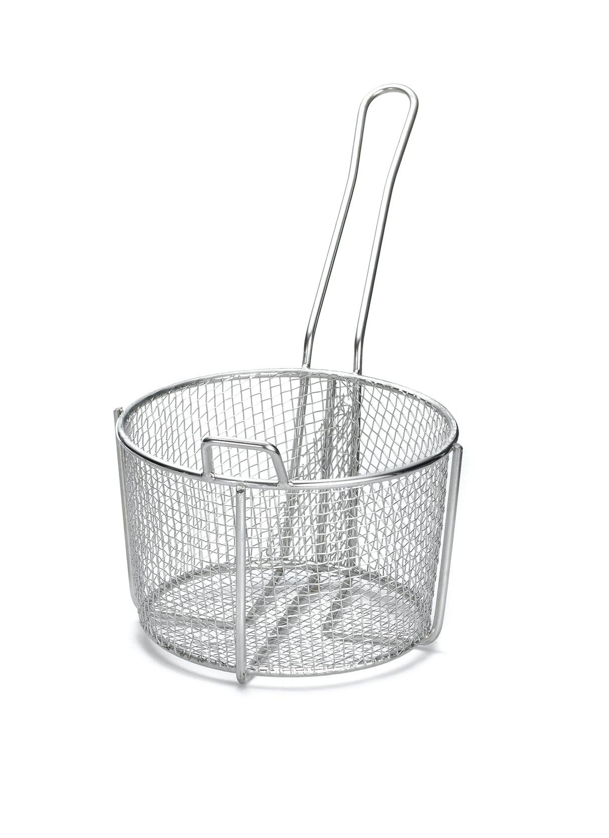 A round stainless steel cooking basket with a long handle, designed for deep frying food. The silver basket features a fine grid pattern, is dishwasher safe, and stands empty and upright on a plain white background.