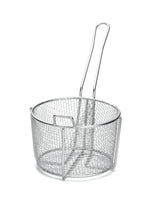 A round stainless steel cooking basket with a long handle, designed for deep frying food. The silver basket features a fine grid pattern, is dishwasher safe, and stands empty and upright on a plain white background.