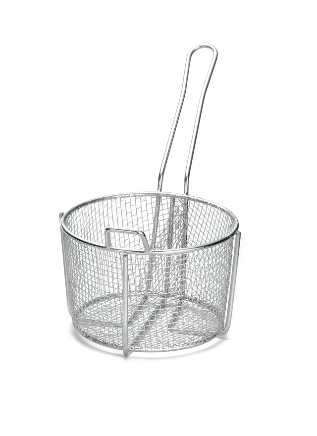 A round stainless steel cooking basket with a long handle, designed for deep frying food. The silver basket features a fine grid pattern, is dishwasher safe, and stands empty and upright on a plain white background.