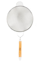 A metal mesh strainer with a fine, oval-shaped double medium mesh screen and a wooden handle. Two metal prongs extend from the handle to support the mesh, and a small metal loop at the end allows for easy hanging. The background is white.