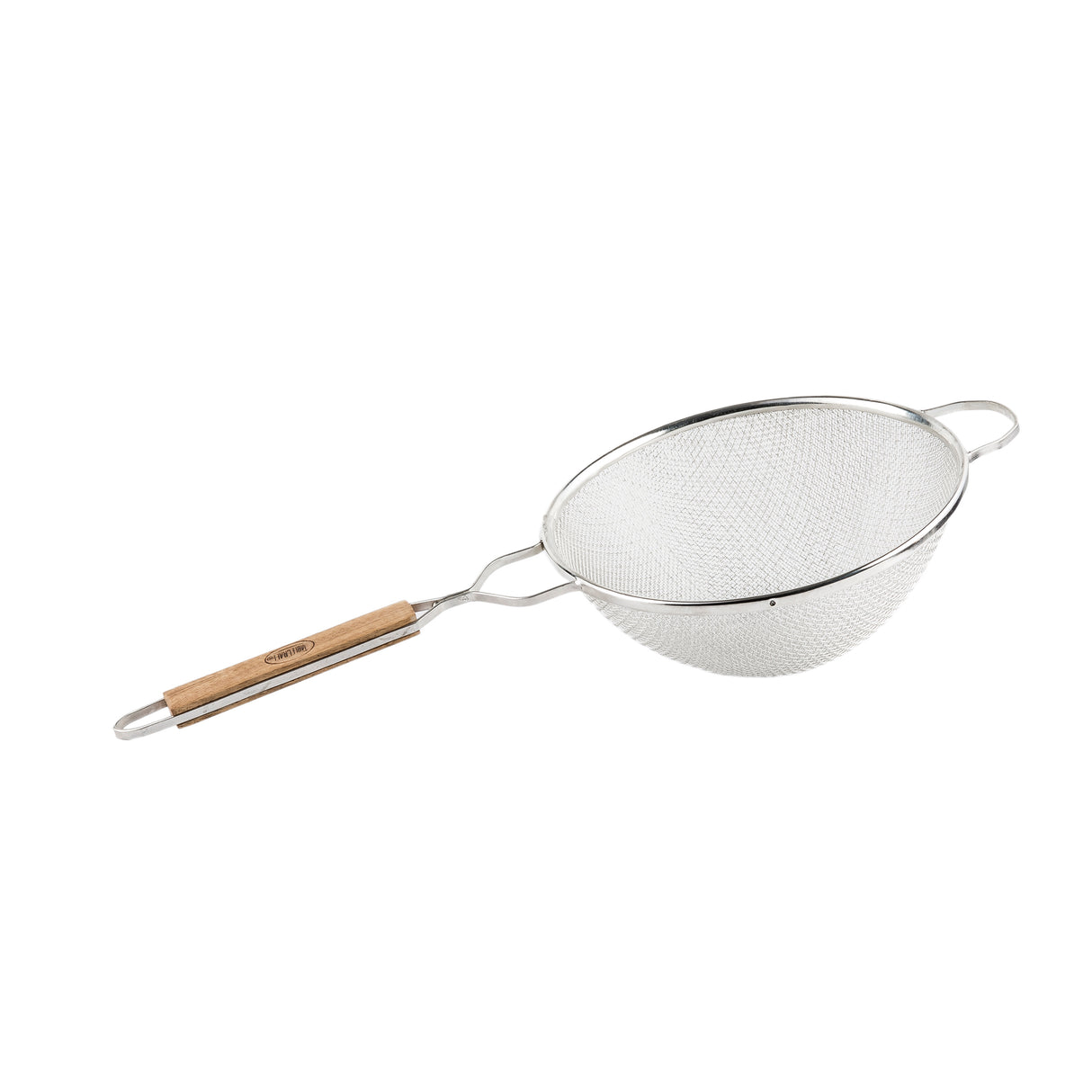 A double medium mesh strainer with a fine wire basket is shown. It features a wooden handle with a metal loop at the end and a small metal support opposite the handle for resting on bowls or pots. The background is completely white.