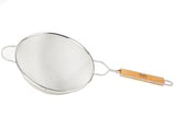 A metal strainer with a double medium mesh and a round basket features two handles—one short and metal, the other longer with a wooden handle and logo. The strainer is displayed on a white background.