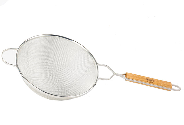 A metal strainer with a double medium mesh and a round basket features two handles—one short and metal, the other longer with a wooden handle and logo. The strainer is displayed on a white background.