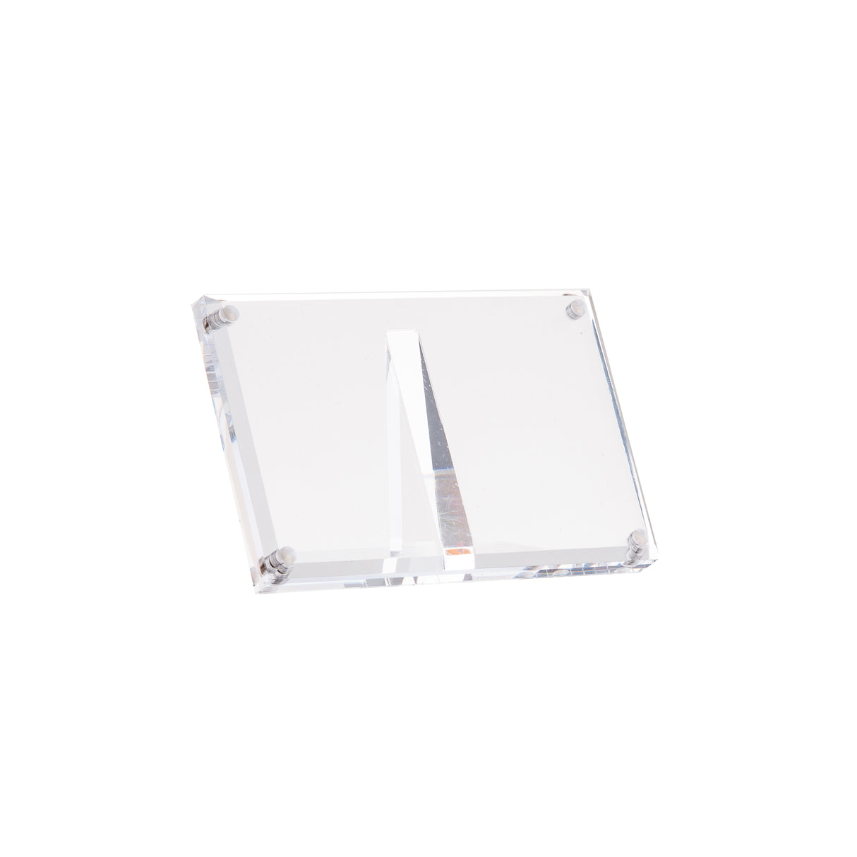 A clear, rectangular acrylic sign holder lies flat on a white background, featuring a central vertical slot to hold cards or signs upright. The stand has smooth edges and slightly rounded corners for a polished look.