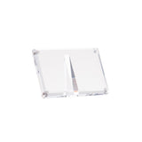 A clear, rectangular acrylic sign holder lies flat on a white background, featuring a central vertical slot to hold cards or signs upright. The stand has smooth edges and slightly rounded corners for a polished look.