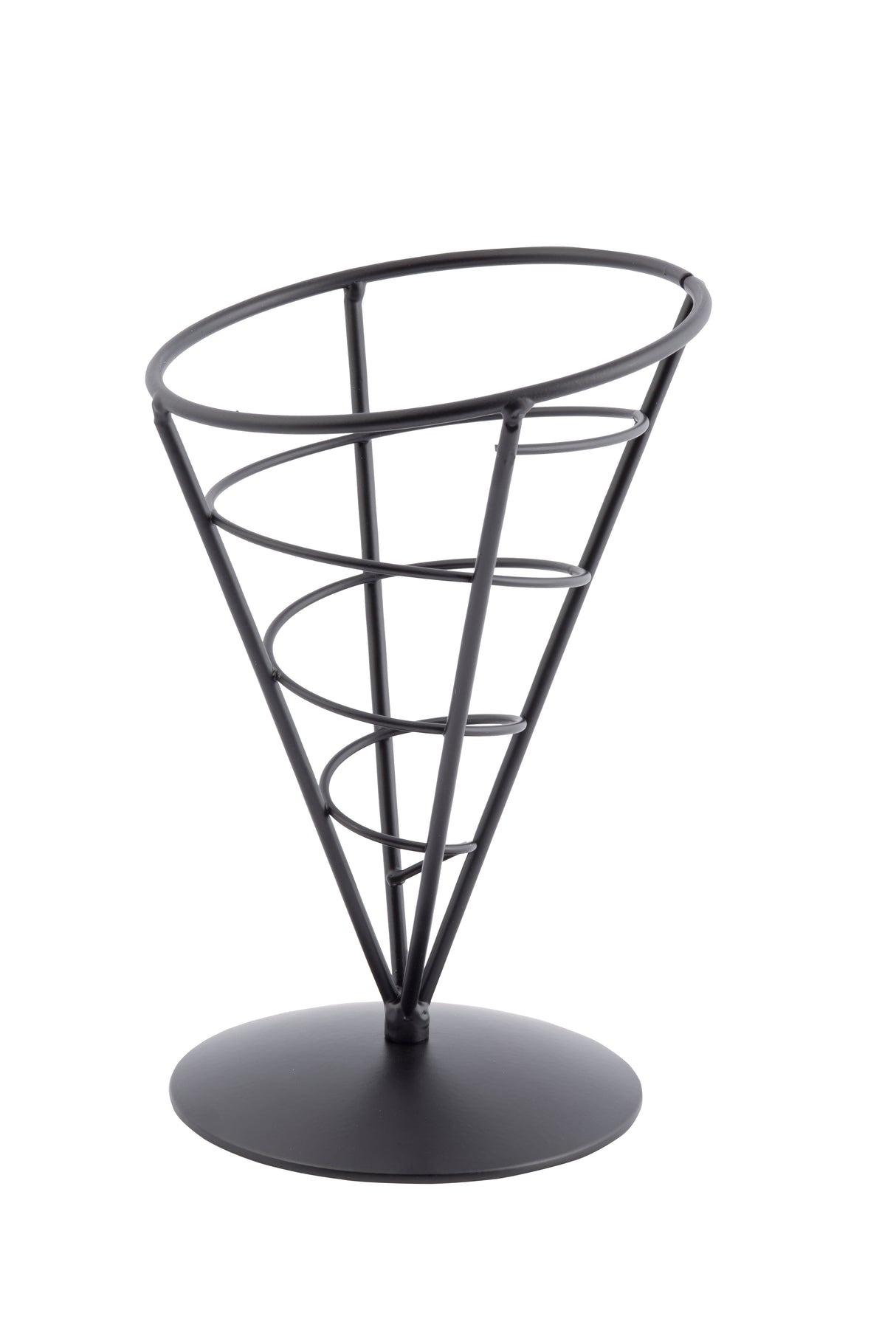 Part of the TableCraft Vertigo Collection, this black metal appetizer cone holder features an open spiral design and sturdy round base, perfect for serving snacks like fries or other appetizers upright in style.